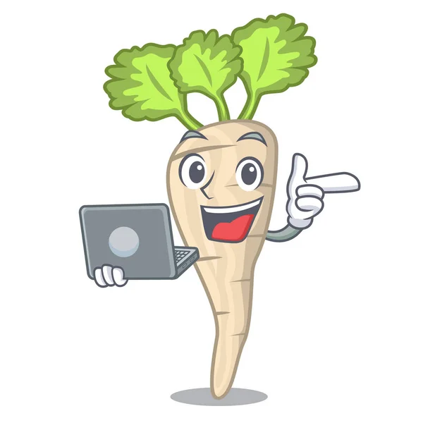 Dengan laptop karakter parsnip root dengan kartun daun - Stok Vektor