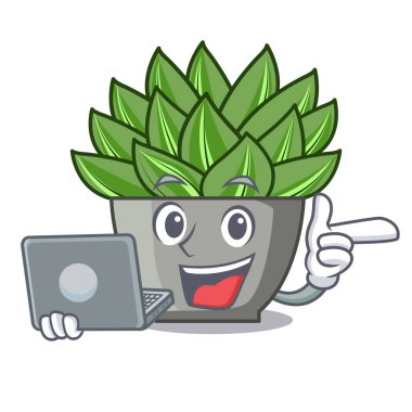 Dizüstü karakter karikatür pot bitki echeveria kaktüs ile