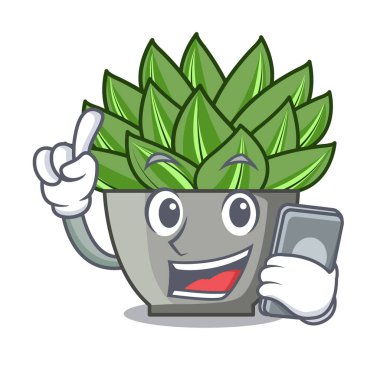 Telefon karakter karikatür pot bitki echeveria kaktüs ile