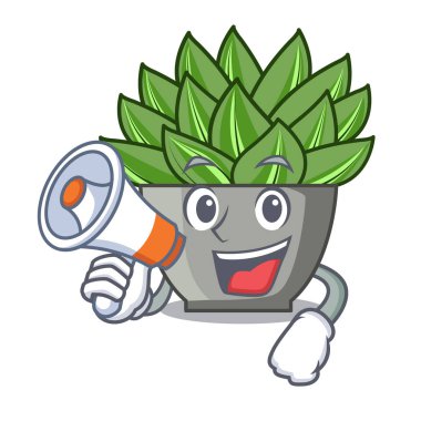 Megafon karakter karikatür pot bitki echeveria kaktüs ile