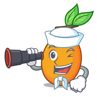 Denizci ile dürbün olgun sarı erik ağacı karikatür vektör çizim üzerinde