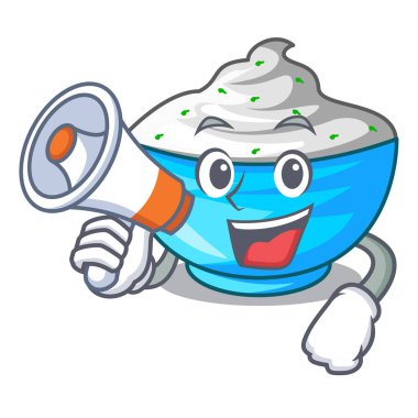 Bir cam kase karikatür ile megafon ekşi krema