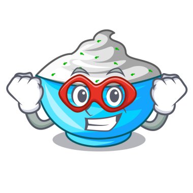 Süper kahraman ekşi krema bir ahşap kase karikatür