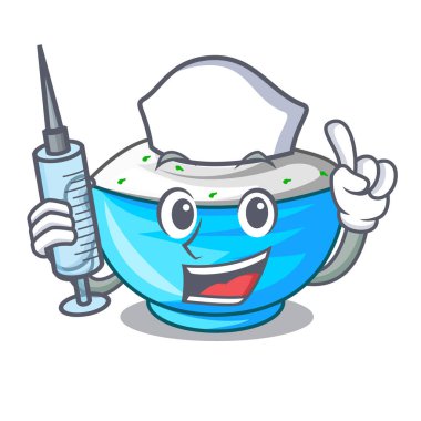 Hemşire ekşi krema bir ahşap kase karikatür