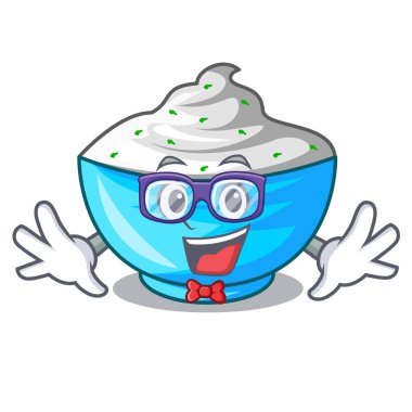 Geek ekşi krema bir ahşap kase karikatür