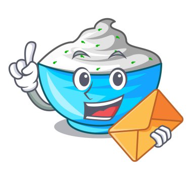 Zarf ekşi krema ile ahşap kase karikatür