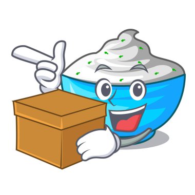 Ahşap kase karikatür ile kutusu ekşi krema