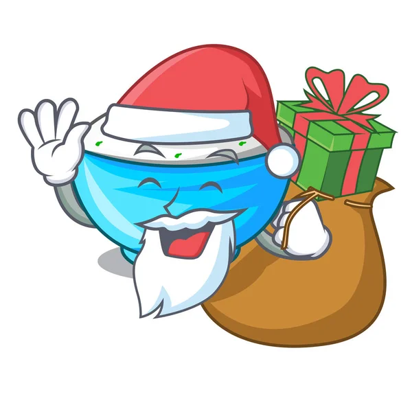 Santa con cuenco de regalo de crema agria en la mesa de madera de dibujos animados — Vector de stock