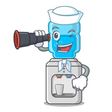 Denizci plastik şişe karikatür ile dürbün su soğutucu ile