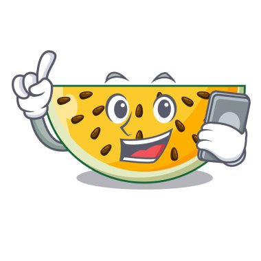 Telefon taze sarı karpuz ile karakter karikatür vektör çizim üzerinde