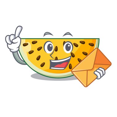 Zarf ile karakter karikatür vektör çizim üzerinde sarı karpuz dilimli