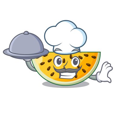 Şef yiyecek bir parça sarı karpuz karikatür vektör çizim ile