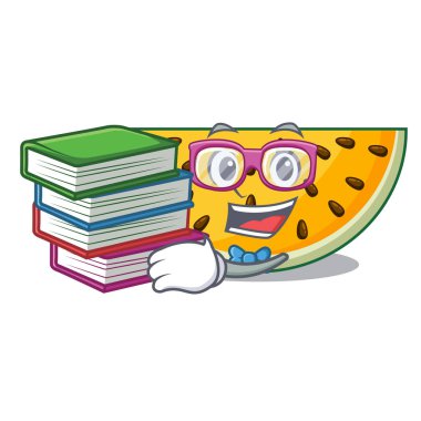 Maskot vektör illüstrasyon izole kitap sarı karpuz ile öğrenci