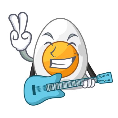 Gitar ile haşlanmış yumurta maskot karikatür soyulmuş