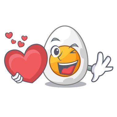 Kalp ile haşlanmış yumurta maskot karikatür vektör çizim üzerinde soyulmuş