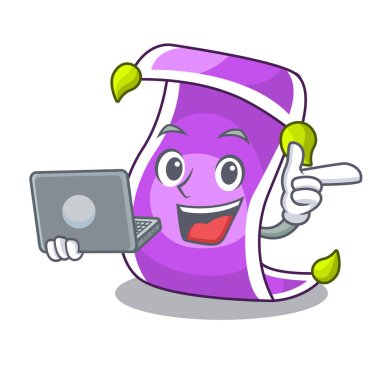 Dizüstü karikatür oryantal sihirli halı ile üzerinde gösteri vektör çizim