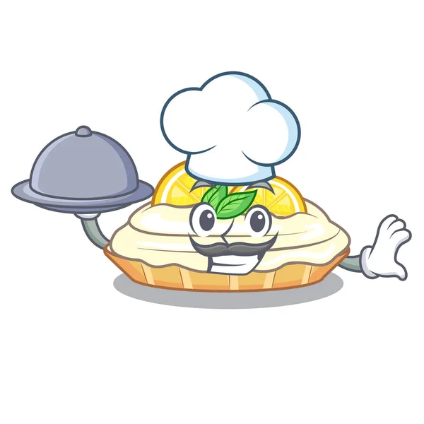 Chef com comida cartoon pedaço de torta de merengue de limão gostoso — Vetor de Stock