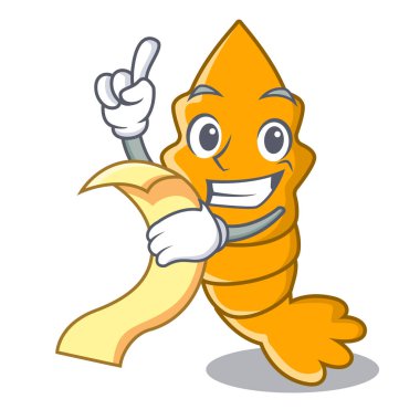 Menü ile maskot karikatür izole karides pişmiş