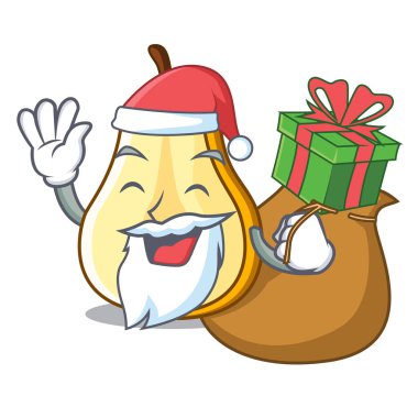Noel hediye ile taze sulu armut maskot karikatür dilimlenmiş
