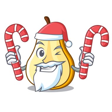 Santa şeker ile taze sulu armut maskot karikatür dilimlenmiş