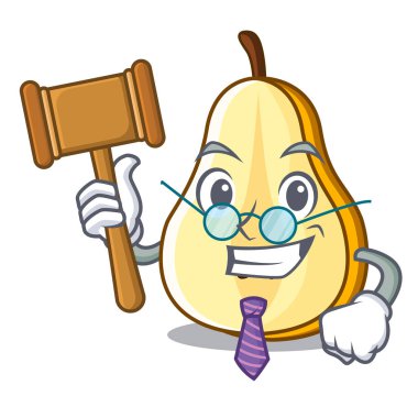 Yargıç taze sulu armut maskot karikatür dilimlenmiş