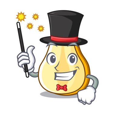 Sihirbaz taze sulu armut maskot karikatür dilimlenmiş