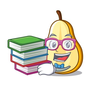 Öğrenci kitap ile taze sulu armut maskot karikatür dilimlenmiş