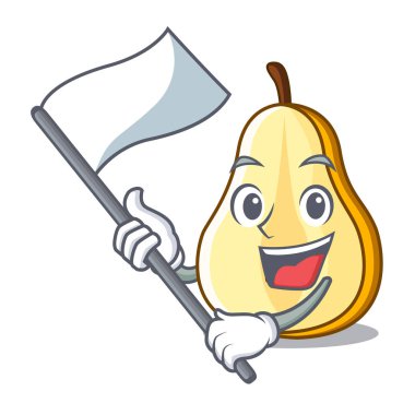 Bayrağı ile taze sulu armut maskot karikatür dilimlenmiş
