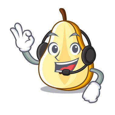 Kulaklık ile taze sulu armut maskot karikatür dilimlenmiş