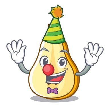 Palyaço taze sulu armut maskot karikatür dilimlenmiş