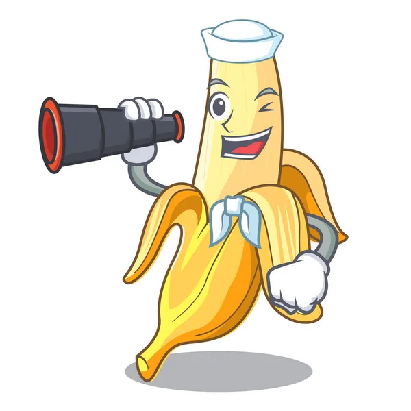 Matroos met verrekijker verse banaan fruit mascotte cartoon stijl — Stockvector