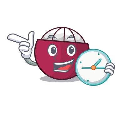 Ahşap masa karikatür vektör çizim ile saat mangosten meyve