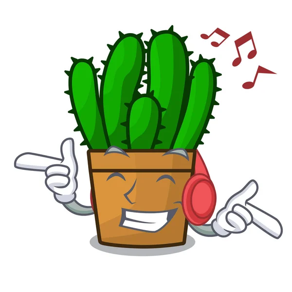 Listening music spurge cactus plant isolated on mascot — Stock Vector
