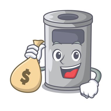 Para çantası ile çelik kapak karikatür ile çöp kutusu