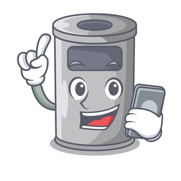 With phone steel trash can with lid cartoon — Stockvector