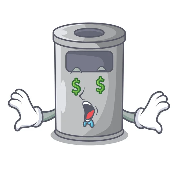 Dinheiro olho cartoon lata de lixo de aço no escritório — Vetor de Stock