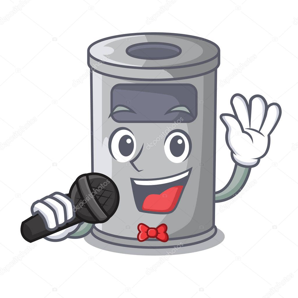 Singing cartoon steel trash can in the room