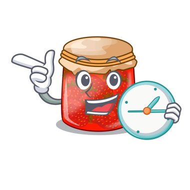 Saat Çilek reçel karikatür vektör çizim cam kavanoz içinde