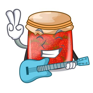 Gitar taze lezzetli çilek reçeli ile maskot vektör çizim üzerinde