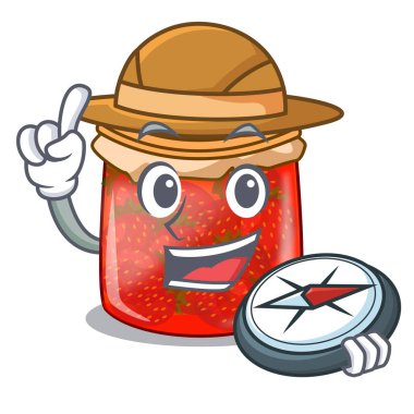 Explorer taze lezzetli Çilek reçel maskot vektör çizim üzerinde