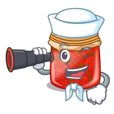 Denizci ile dürbün taze lezzetli Çilek reçel maskot vektör çizim üzerinde