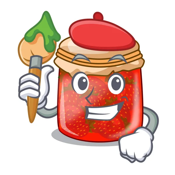 Personaje artista mermelada de fresa casera en el frasco — Vector de stock