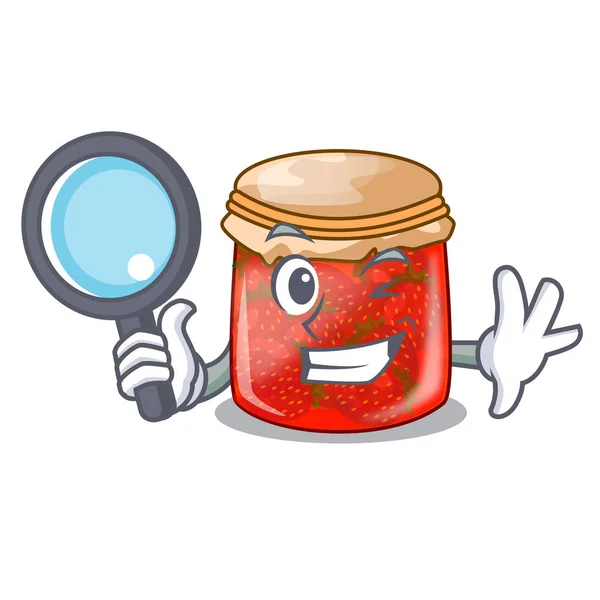Detective strawberry marmalade in glass jar of cartoon — Stock Vector