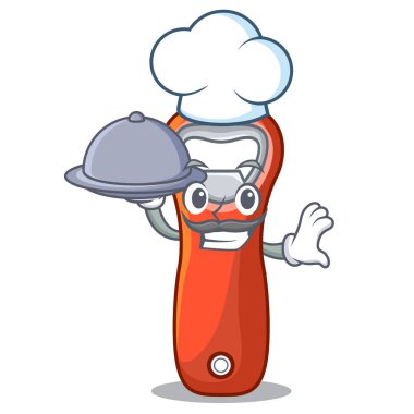 Şef ile karikatür izole gıda plastik şişe açacağı