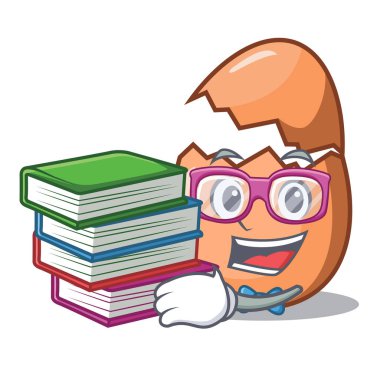 Kırık yumurta üzerinde maskot izole kitap ile öğrenci