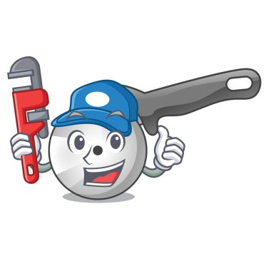 Maskot izole tesisatçı pizza kesici bıçak