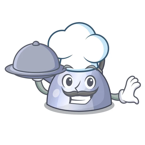 Chef com comida assobiando desenho animado chaleira na parte superior do fogão — Vetor de Stock