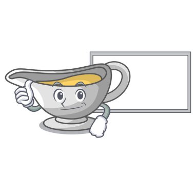 Kurula bir karakter çanak dökülen sosu tekne thumbs up