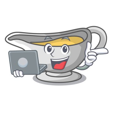 Dizüstü bilgisayar ile bir karakter çanak dökülen sosu tekne