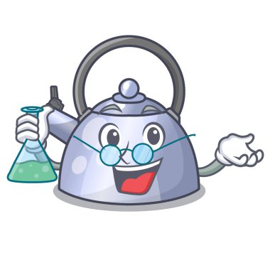 Profesör çelik İçecek yapmak için su ısıtıcısı karakteri ıslık